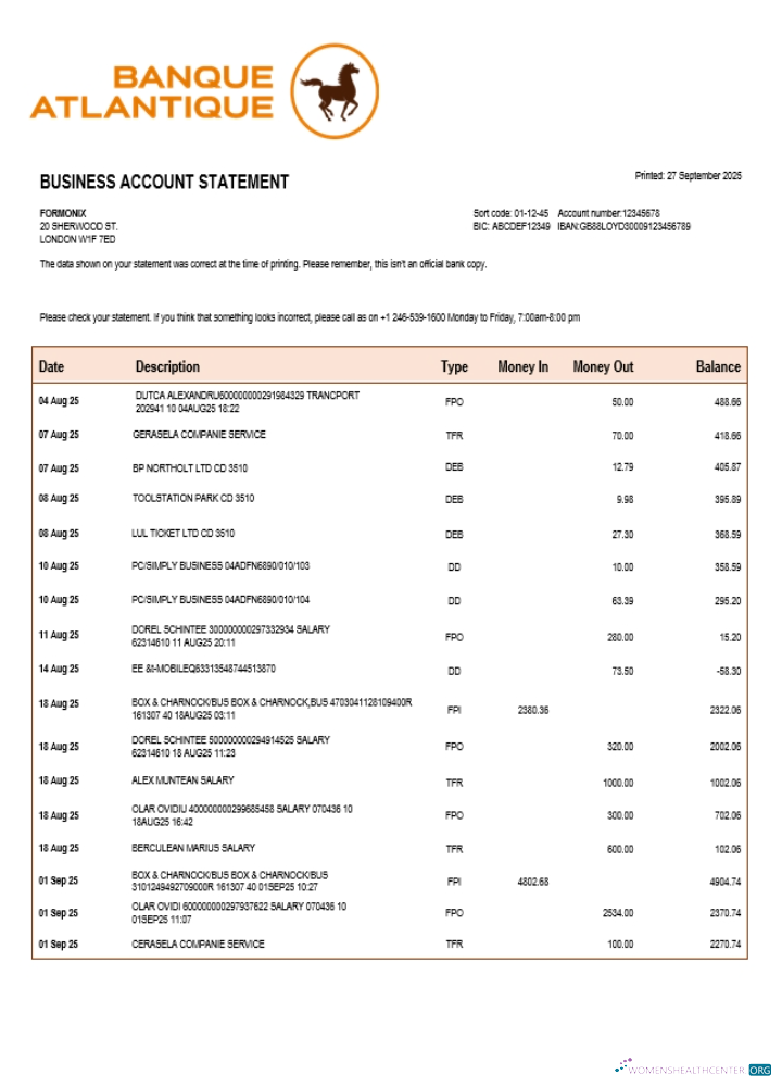 Banque Atlantique organization checking account statement Word and PDF template (1)